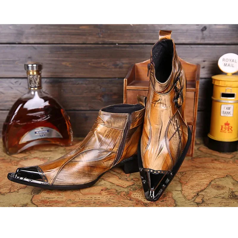 Western men's booties leather shoes pointy brown leather ankle boots men's zipper 6.5cm high heels motorcycle shoes