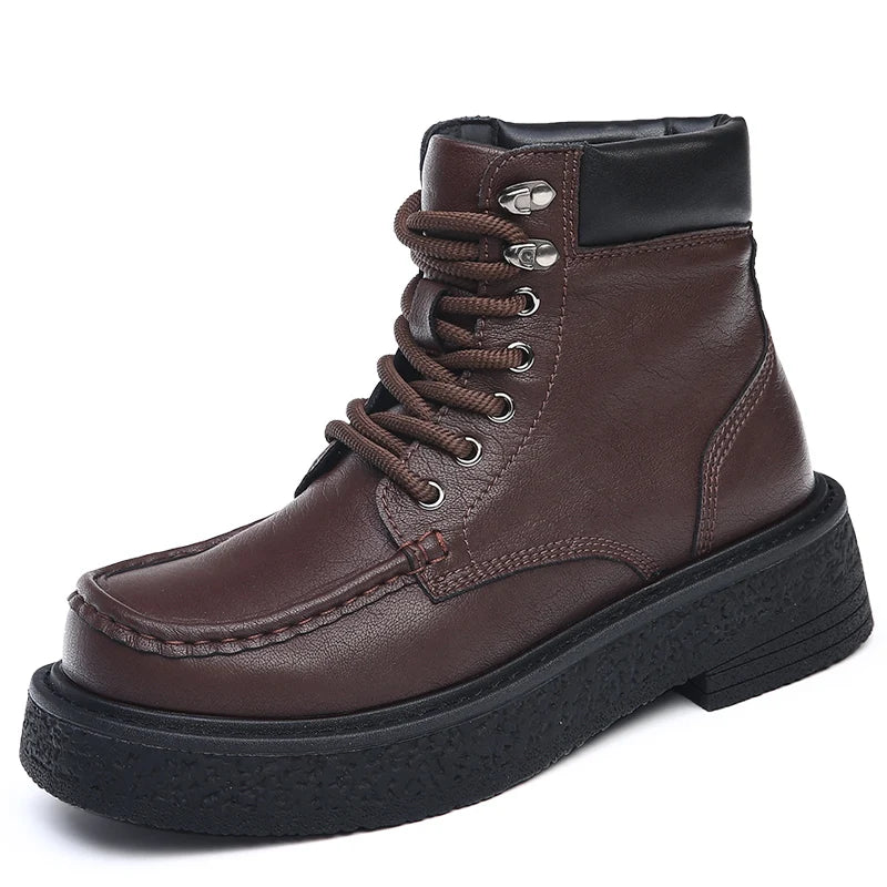 Leather Male Casual Shoes High Quality Comfortable Motorcycle Boots New High Top Man Botas Fashion Mens Lace Up Walking Boots