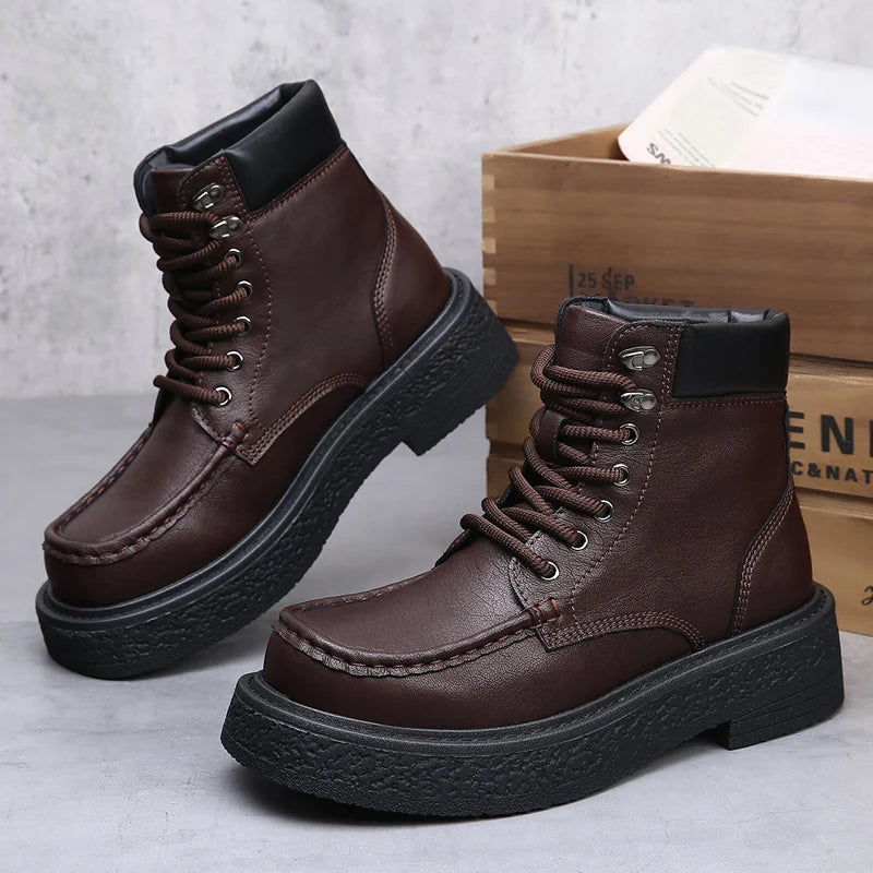 Leather Male Casual Shoes High Quality Comfortable Motorcycle Boots New High Top Man Botas Fashion Mens Lace Up Walking Boots