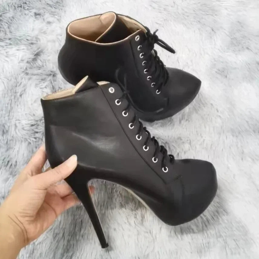 Women Ankle Boots Autumn Winter Sexy Round Toe Pole Dance High Heels Pumps Fashion Zip Lace-Up Chelsea Shoes Female Big Size 43