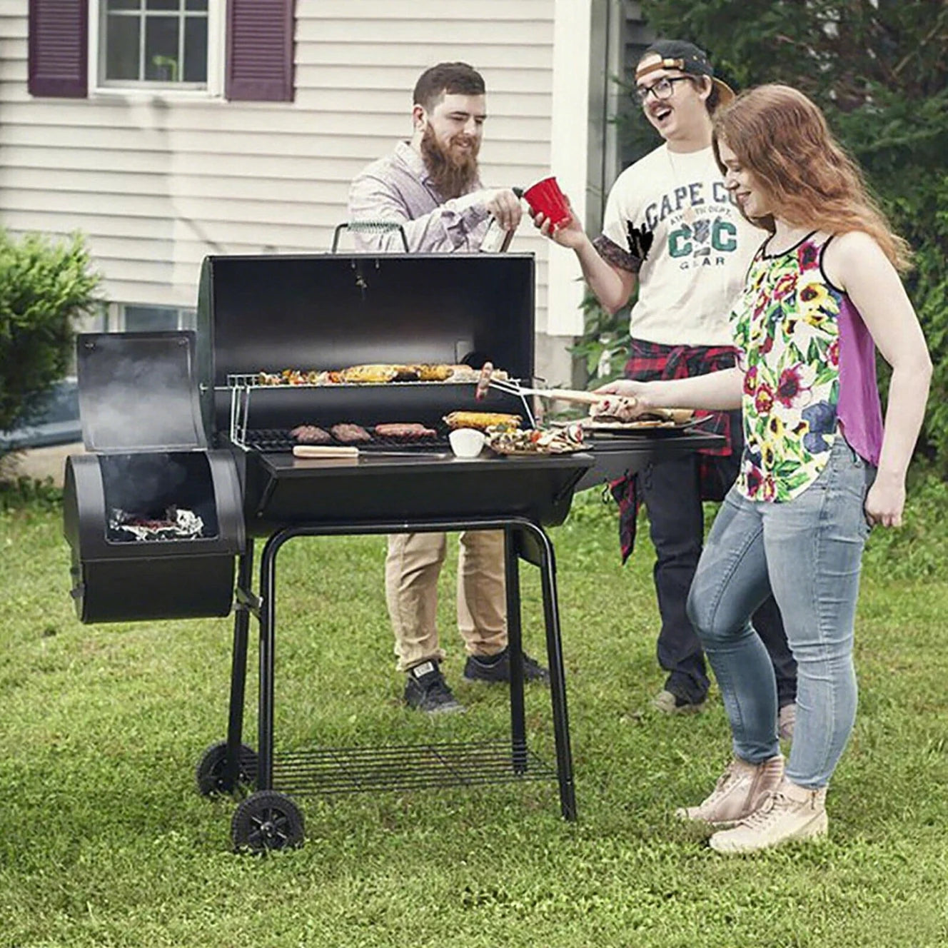 Family BBQ Grill, Extra-Large & Thickened, American-Style Outdoor Barbecue Rack, Courtyard Charcoal Stove and Smoker