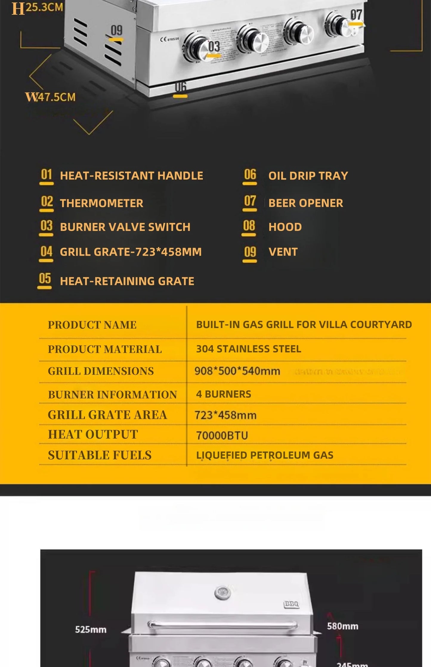 2025 Newest 304 Stainless Steel Built-in Courtyard Grill Gas Charcoal Dual Fuel Smoker BBQ Grill