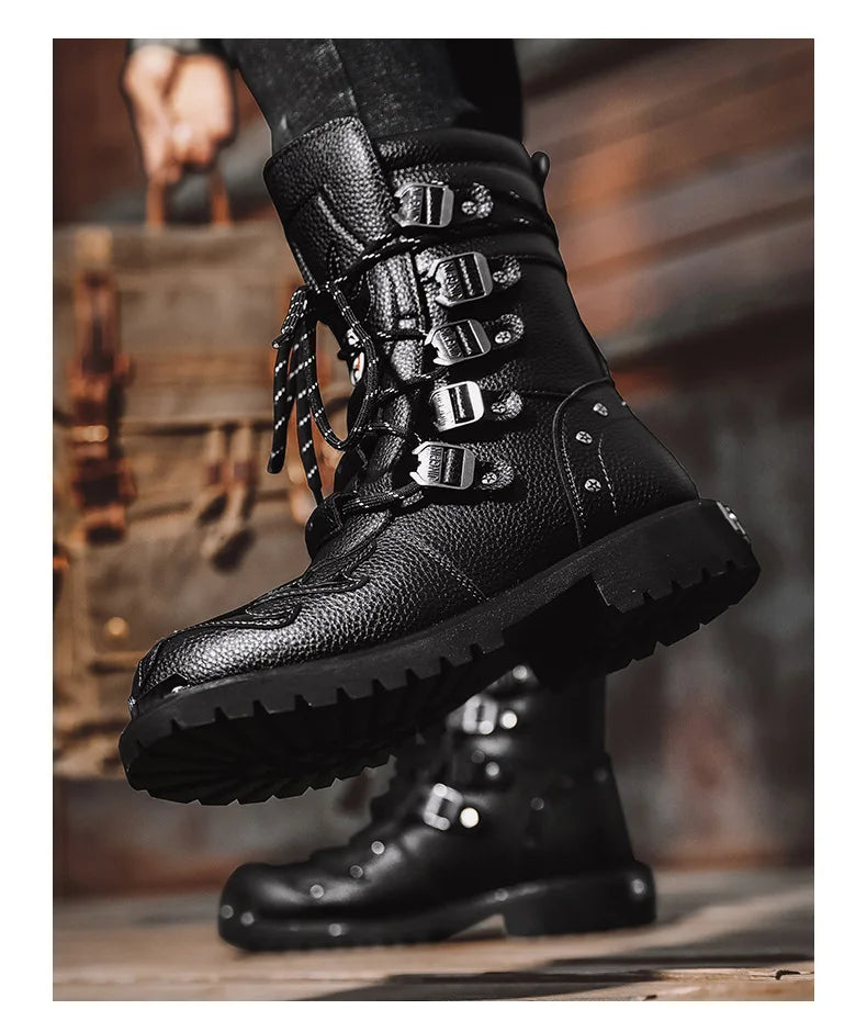 Men Motorcycle Boots Fashion Mid-Calf Punk Rock Punk PU Leather Black High Top Mens Casual Boot Steel Toe Shoes Big Size 38-46