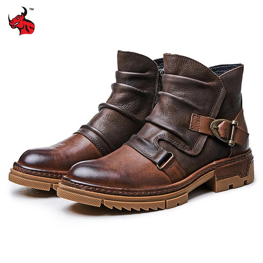 Durable Leather Motorcycle Boots Men Vintage Motorbike Ankle Boots High Top Cowhide Shoes Wear Resistant Botas De Motociclista