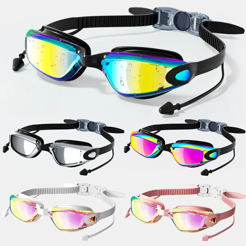 Professional Swimming Goggles with Earplugs Adult Anti-fog UV Protection Lens Men Women Waterproof Adjustable Silicone Glasses