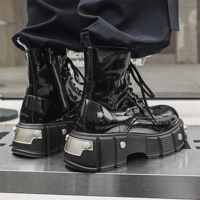men's casual punk goth dress patent leather boots brand designer shoes cowboy platform boot cool long motorcycle botas masculina