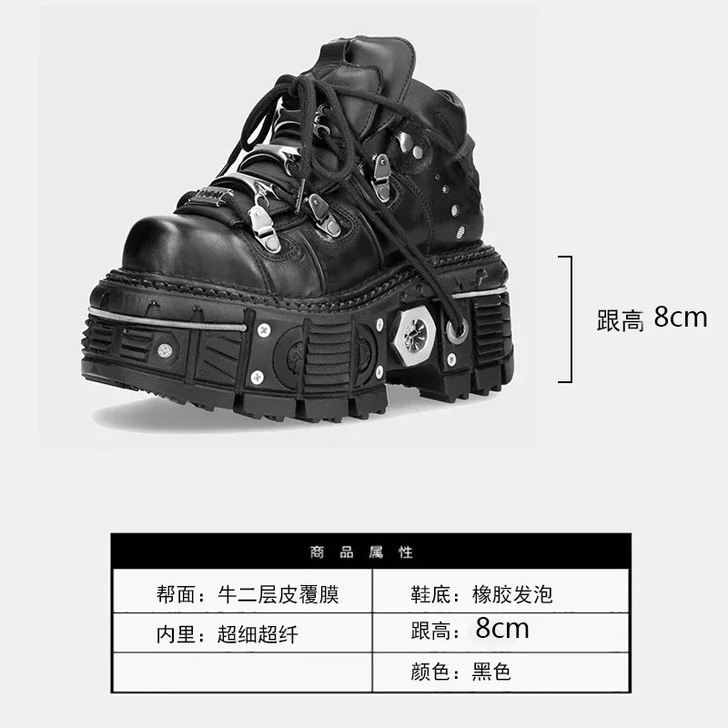 Retro Men's Motorcycle Boots Fashion Punk Rock Round Toe Leather Shoes Platform Metal Decoration Design Y2k Gothic Skull Boots