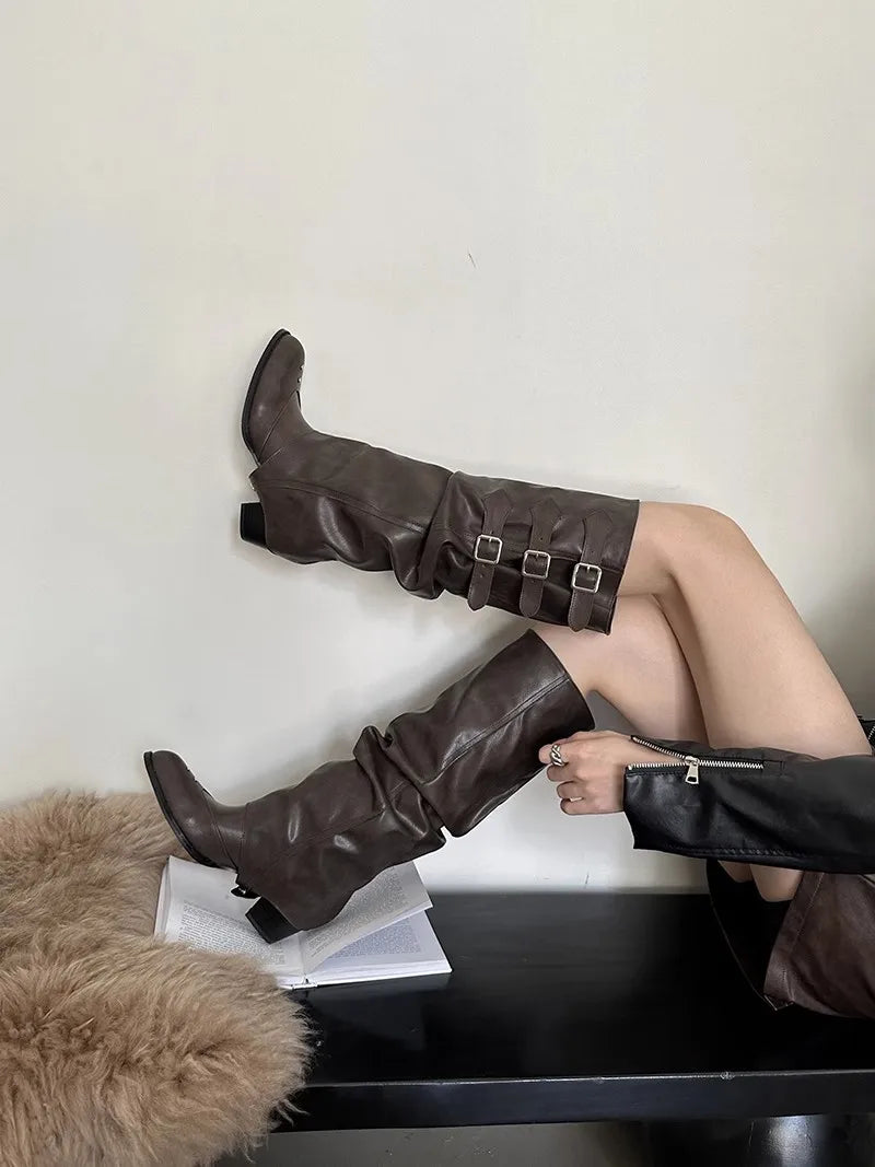 High Quality Wasteland Punk Y2k Gothic Style Vintage Motorcycles Western Boots for Women Black Rivets Knee High Boot Shoes
