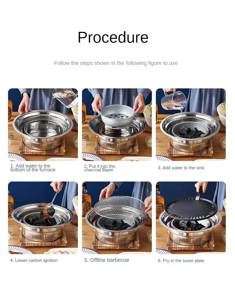 Stainless Steel Korean Barbecue Grill Round Household Commercial Camping Party Charcoal Grill Portable Charcoal Barbecue Grill