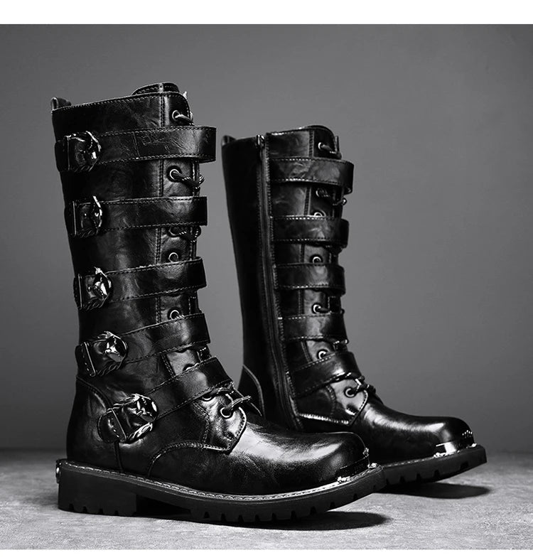 2025 High Leather Boots Men Black Boots Gothic Punk Motorcycle Boots Men Big Size 46 Comfy Platform Boots for Men Tooling Boots