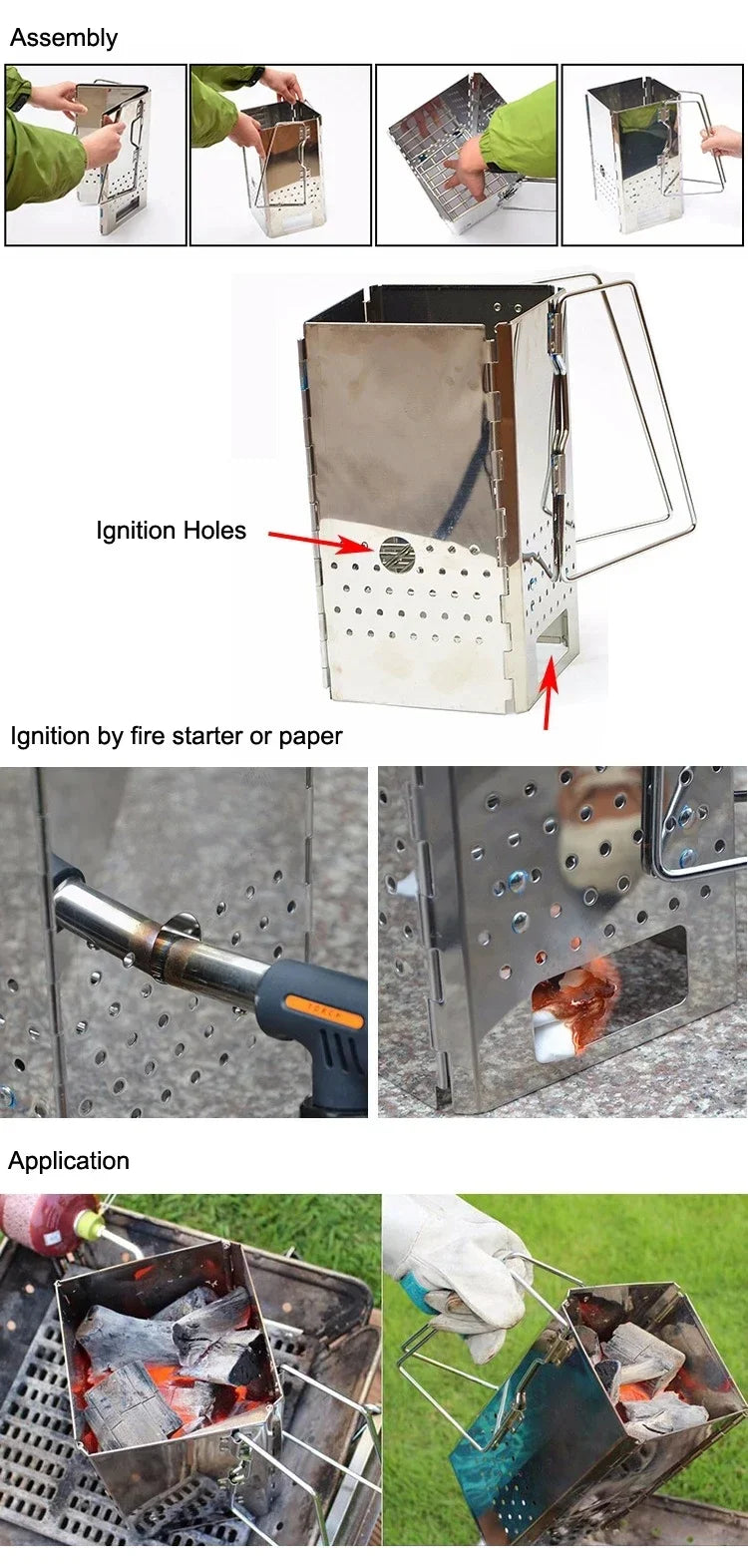 Portable Charcoal Starter Stainless Steel Outdoor Barbecue Grill Fire Starter Folding Carbon Stove BBQ Grill Heating Stove