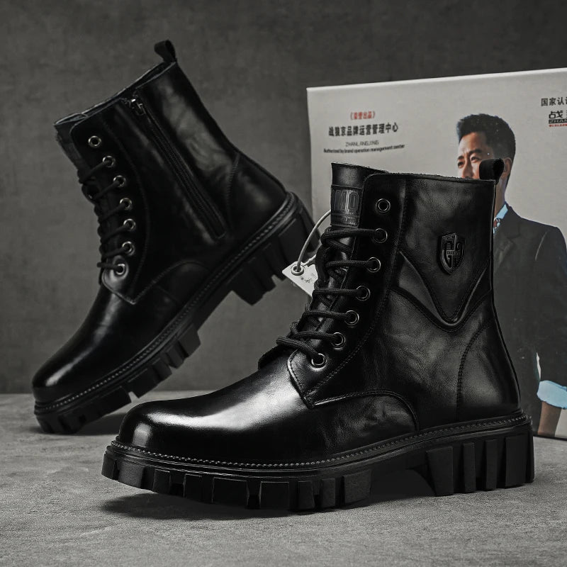 High Quality Brand Men's Leather Casual Shoes Outdoor Workwear Shoes Thick Soled Wear-resistant Men's Motorcycle Boots Handsome