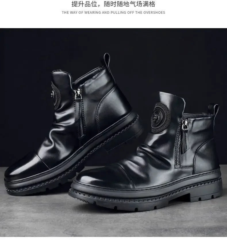 Men's Motorcycle Leather Boots British Style Round Head High Top Shoes Side Zip Walking Casual Platform Boots Bota Masculina