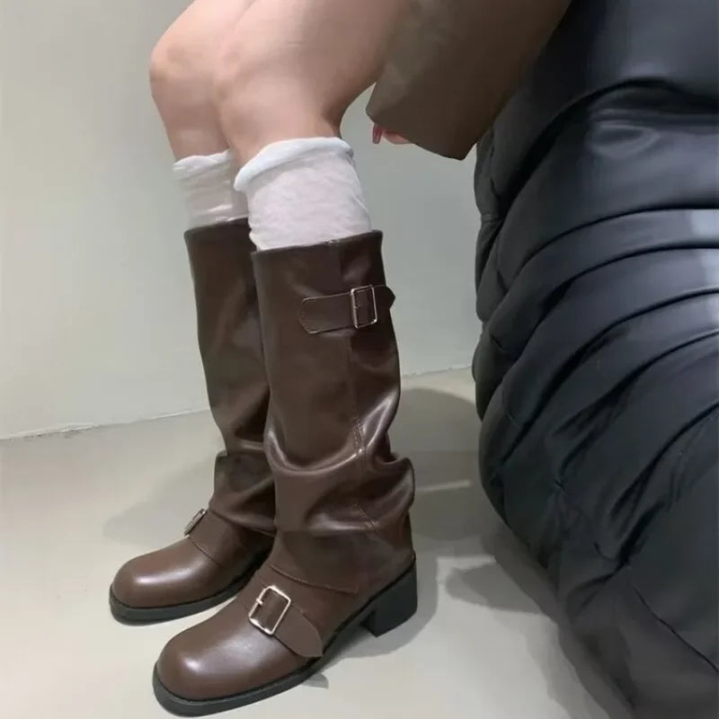 Rock Women Boots Punk Ladies Shoes Women Buckle Knight Boots Motorcycles Boots Woman Slip-On Thick Heel Riding Botas Mujer 2024