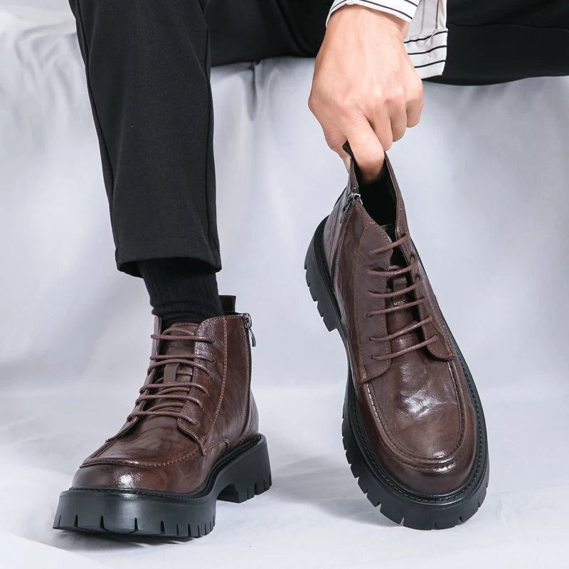 Fashion Men's Genuine Leather Casual Shoes Classic Outdoor Workwear Shoes Men's Motorcycle Boots Handsome Height Increasing