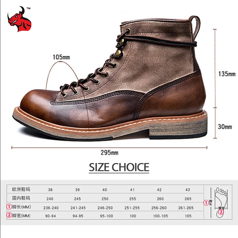 Retro Leather Men Motorcycle Boots High Top Motorbike Riding Boots Fashion Comfortable Ankle Boots Trekking Outdoor Shoes Brown