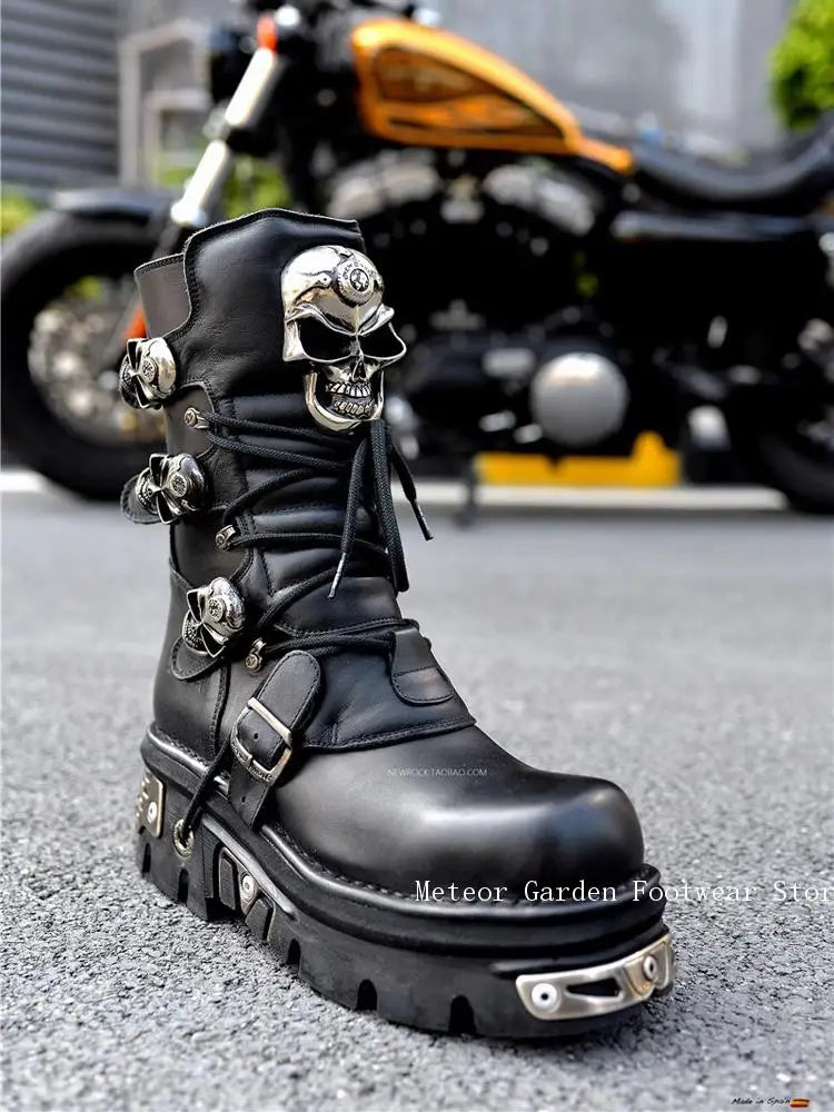 Unisex Handmade Custom Skull High Boots Metal Decorated Motorcycle Punk Thick-Soled Couple Shoes New for Men and Women