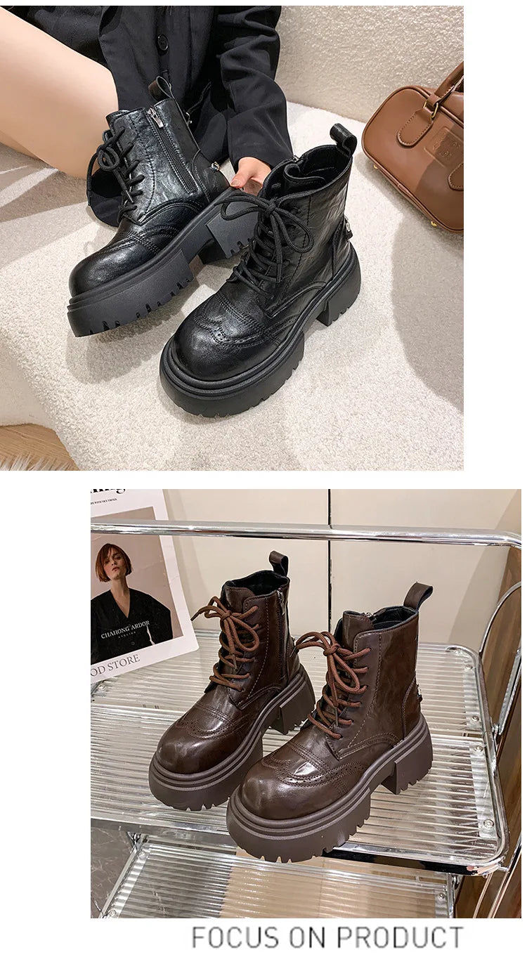 Boots Woman 2025 Trend Female Shoes Winter New British platform Lace up zipper ankle boots Plush Flat Heel Motorcycle boots