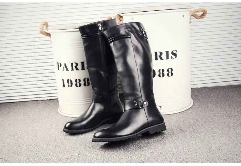 Pop British Mens Black Leather Knee High Boots Desiger Zip Long Motorcycle Shoes Antique Cosplay Stage Botas Casual Comfort Zapa