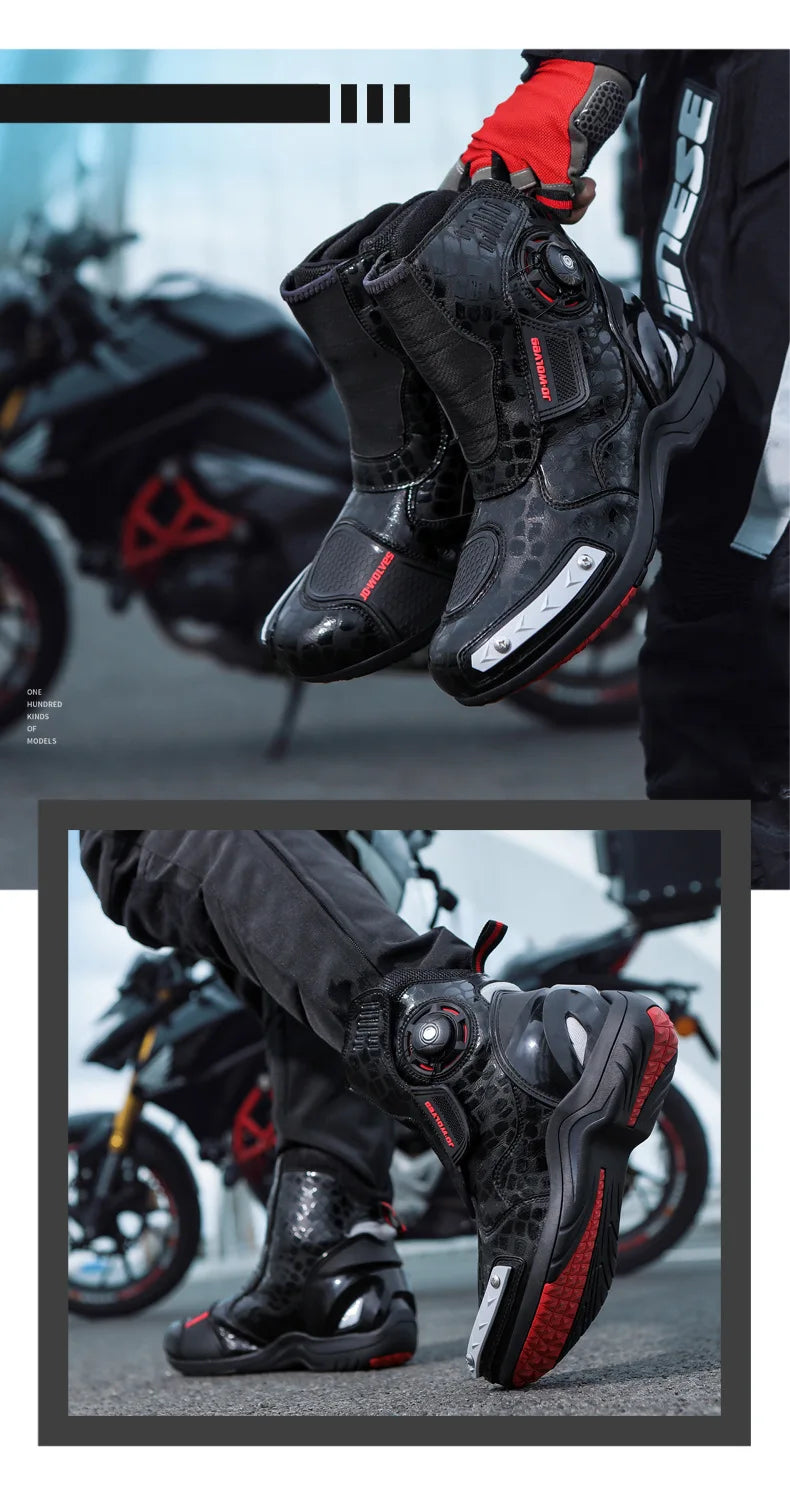 Motorcycle Boots Man Waterproof Studded Boots Hook and Loop Fasteners Wear-Resistant Motorcycle Shoes Anti-Slip Anti-Fall