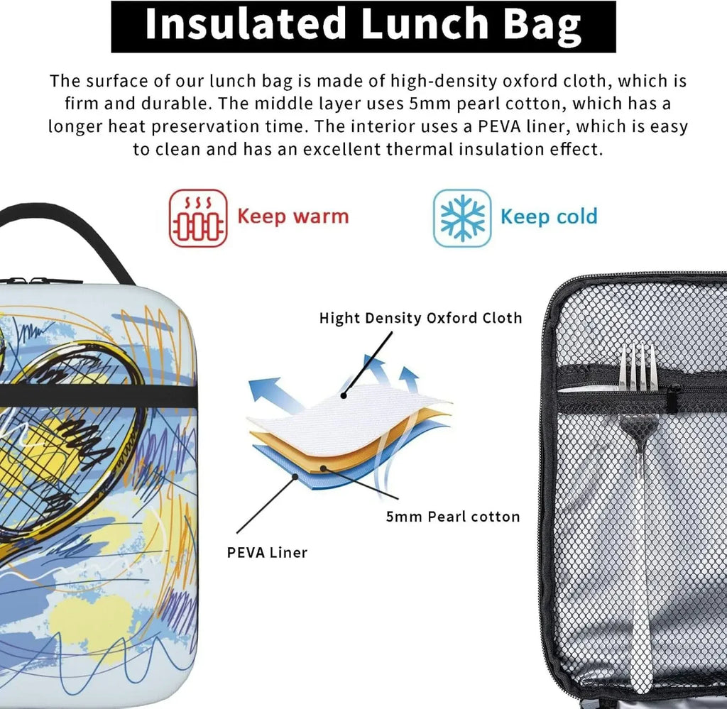 Tennis Racket Art Sport Lunch Bag Insulated Reusable Lunch Box Lunch Tote Lunchbox Portable Bento Bags For