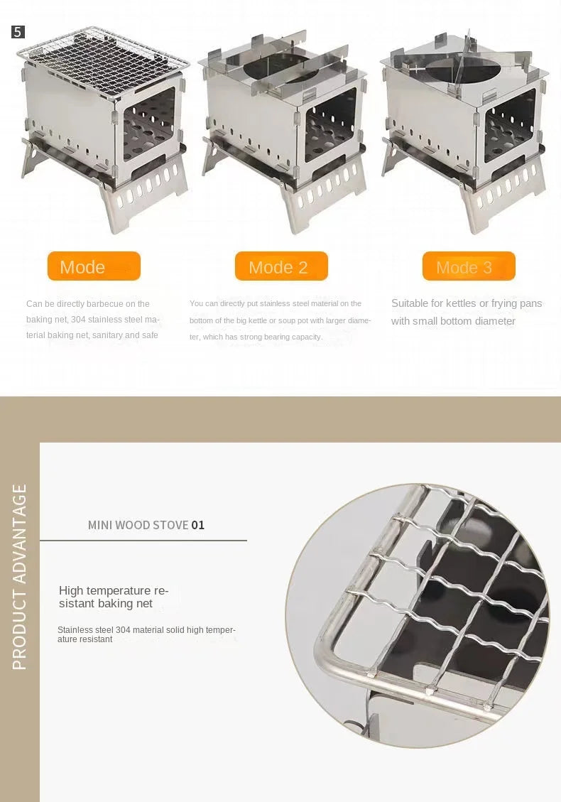 Stainless Steel Folding Camping Stove,Portable Outdoor Barbecue Grill Firewood Stove Folding Stove Burning BBQ Tools Fire Table