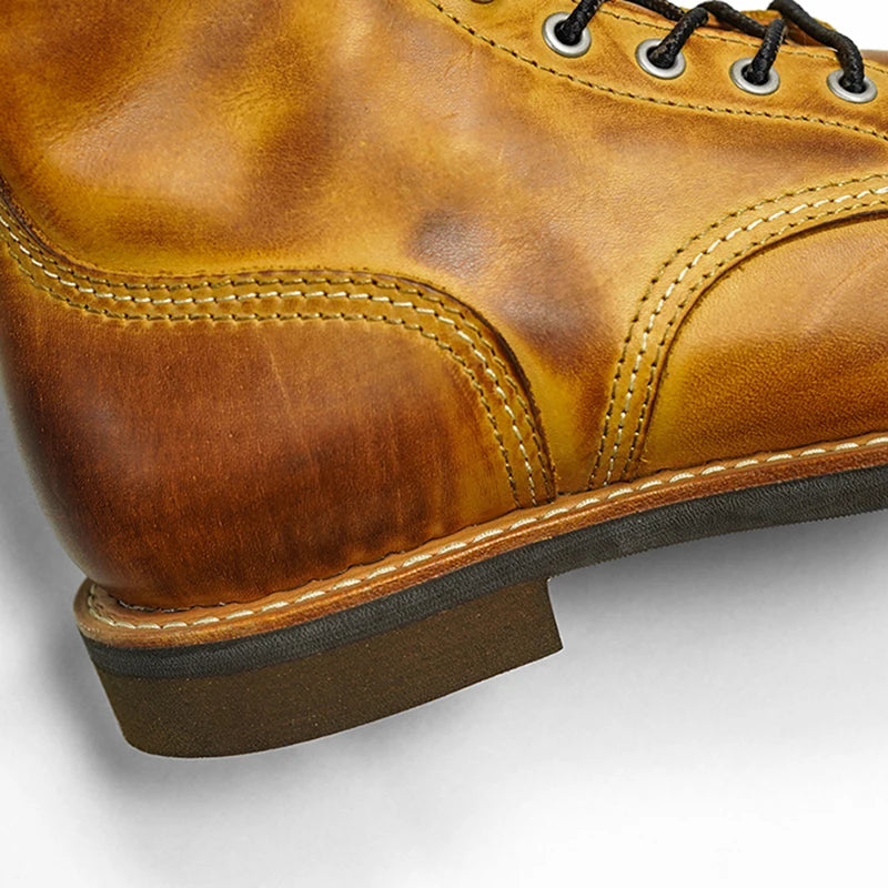 Durable Goodyear-Welted Motorcycle Rugged Heritage Boots Vintage Oil Genuine Leather 8111 Red Punk For Men Cowhide Mid-Cut Shoes