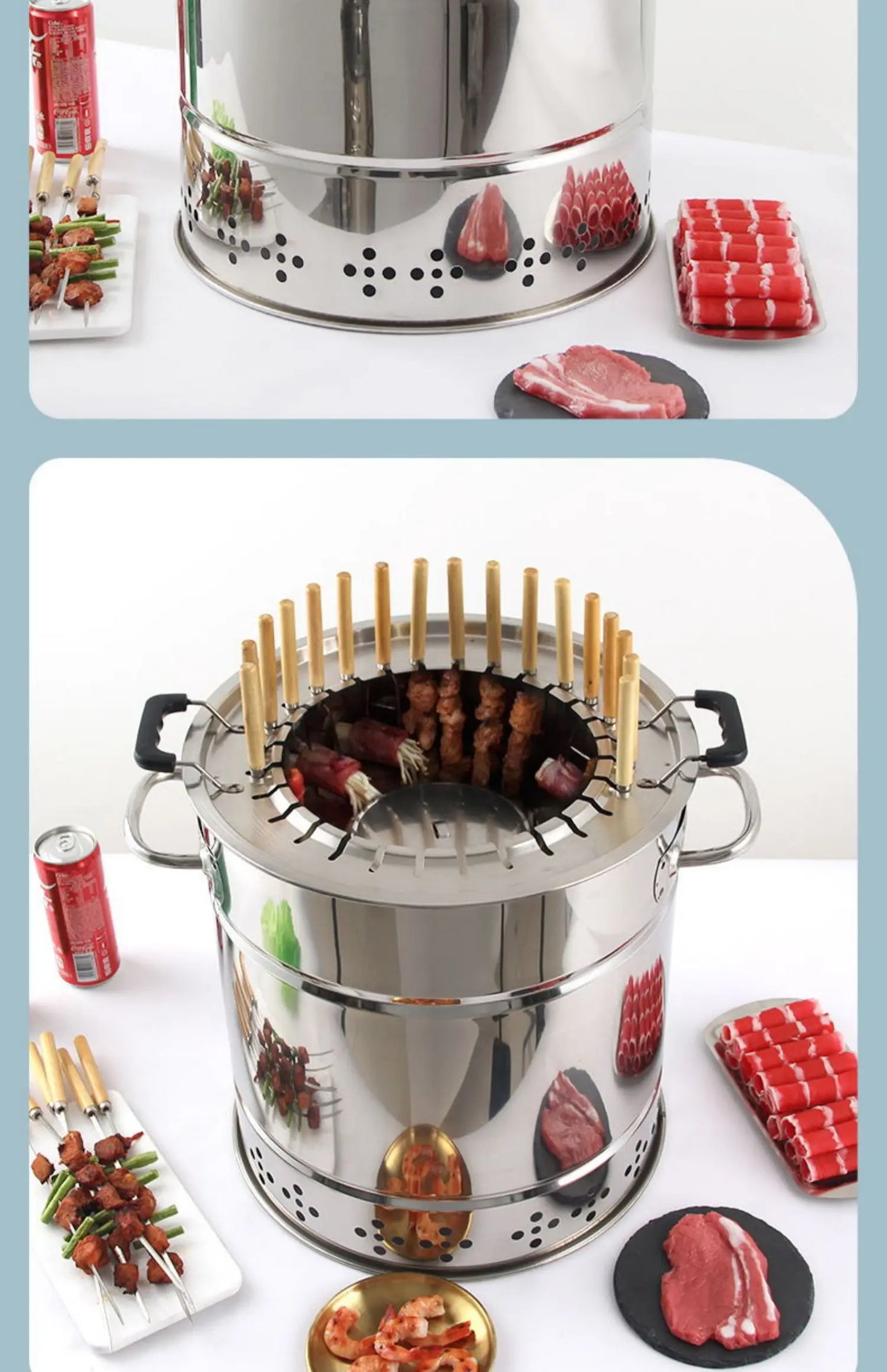 Smokeless Barrel BBQ Grill, Charcoal Rotisserie for Home, Commercial, Outdoor Meat Skewer, Portable Roaster