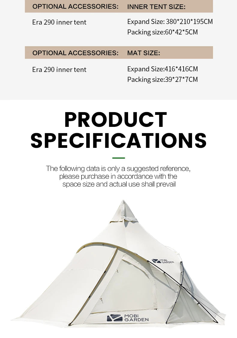 MOBI GARDEN Era290 Outdoor Family Pyramid Camping Tent 5-8 Person Large Space Lobby Sun Shelter Thickened Cotton Portable Tent