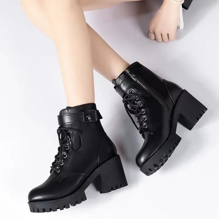 Winter Women's Boots 2025 New Lace Up Boots for Womens Fashion Thick Heel Side Zipper Ankle Boots Warm Female Motorcycle Shoes