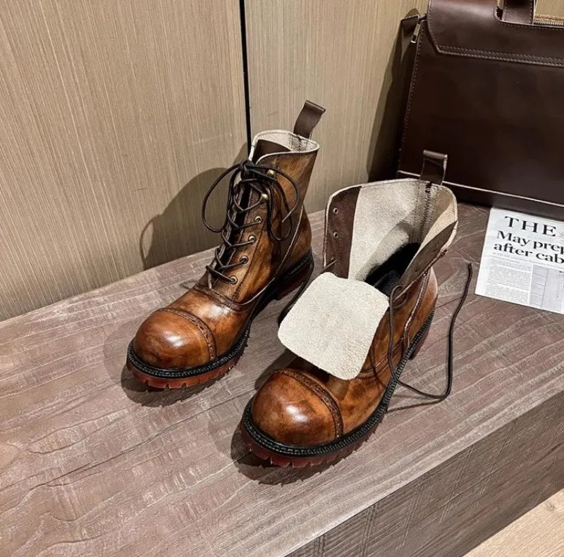 Vintage Mens Round Toe Lace Up High Top Work Safety Shoes Cowhide Genuine Leather Ankle Boots British Motorcycle Riding Boots 45