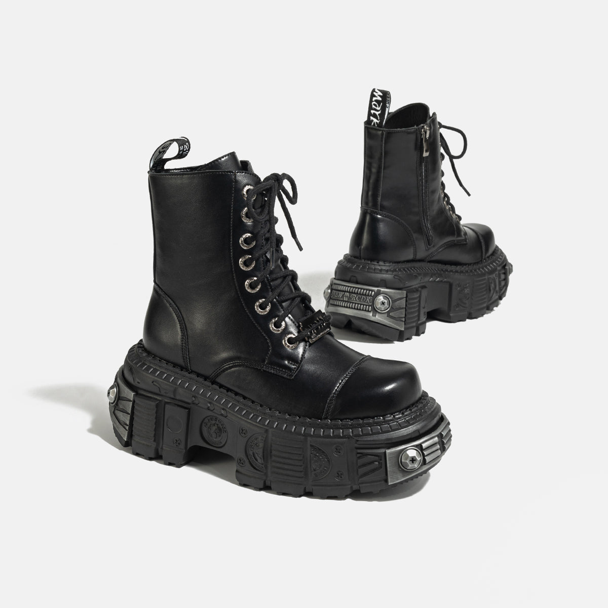 2025 Autumn and Winter New Dark Punk Metal Lace-up Women's British Style Raise the Bottom Zipper Machine Car Boots