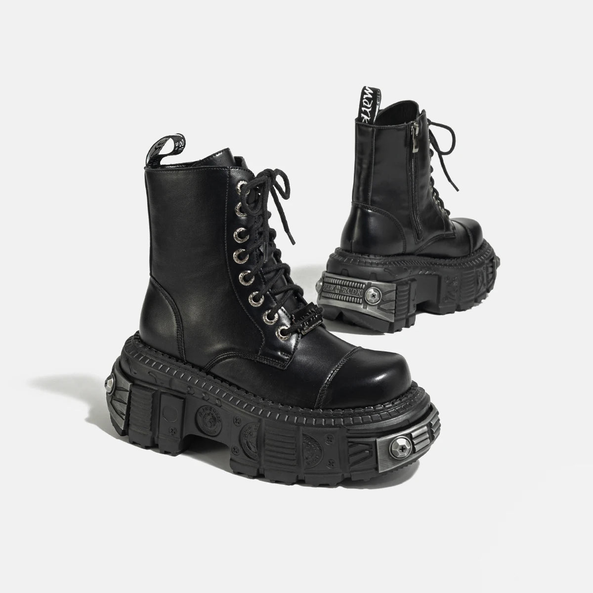 2025 Autumn and Winter New Dark Punk Metal Lace-up Women's British Style Raise the Bottom Zipper Machine Car Boots