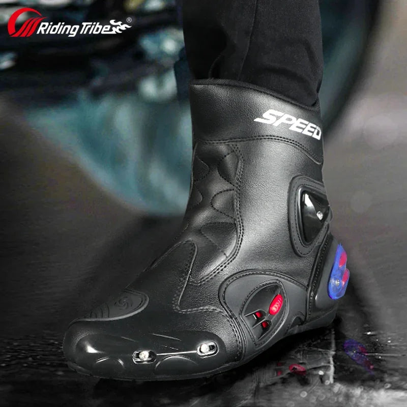SPEED Botas Motorcycle Riding Boots for Men Rubber Sole Sport Bikes Ankle Protective Motorcycle Shoes with Zipper Closure