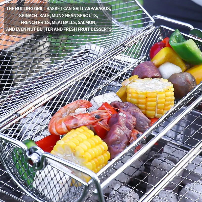 Stainless Steel Rolling BBQ Grill Manual Rotating Barbecue Cage with Base Rotisserie Basket Roll Barbecue Cage Outdoor Roaster