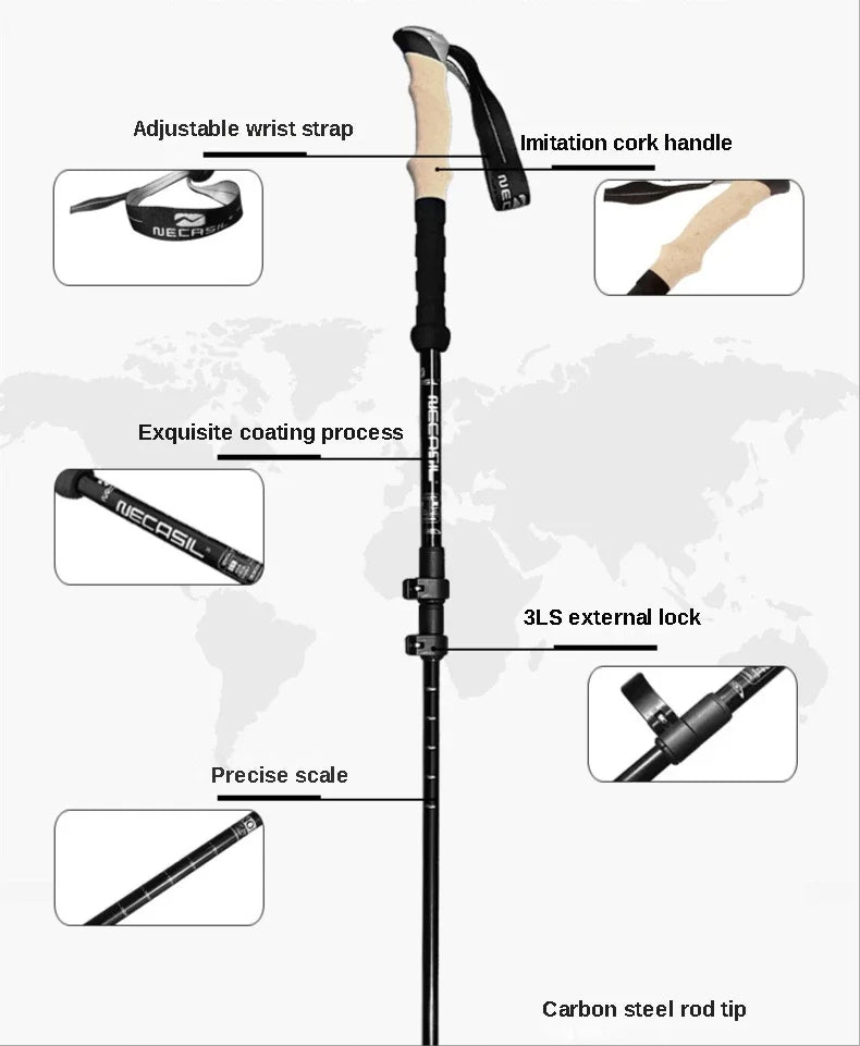 2 high-end hiking sticks, imitation cork handles, three-section telescopic ultra-light alloy sticks with external locks