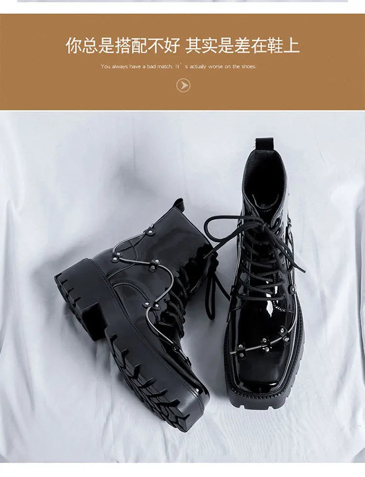 2025 Niche British Style Platform Derby Shoes Square Head Bright Leather Men's Business Casual Retro Boots