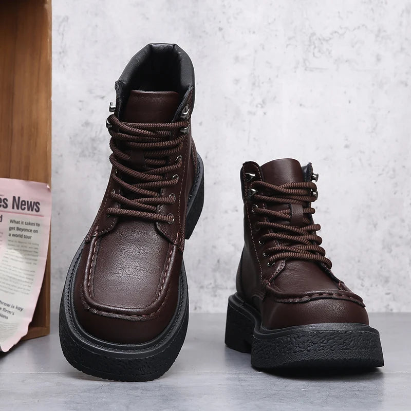 Leather Male Casual Shoes High Quality Comfortable Motorcycle Boots New High Top Man Botas Fashion Mens Lace Up Walking Boots