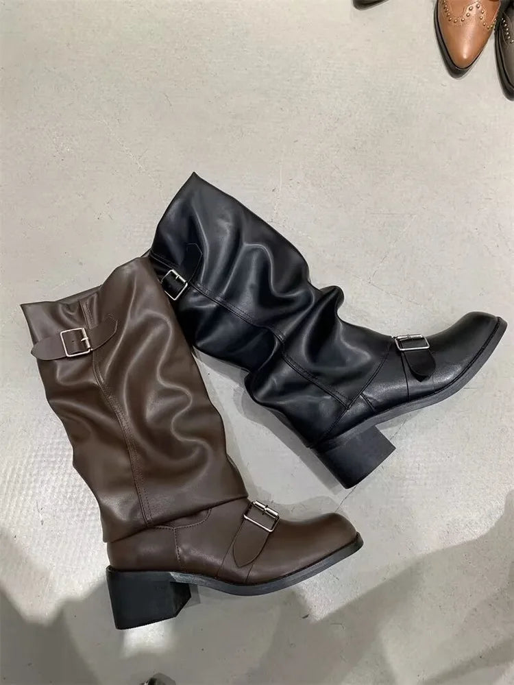 Rock Women Boots Punk Ladies Shoes Women Buckle Knight Boots Motorcycles Boots Woman Slip-On Thick Heel Riding Botas Mujer 2024