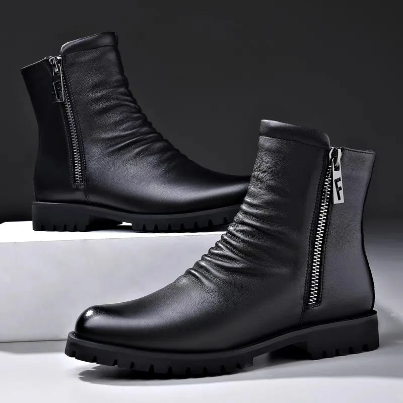 British style mens fashion autumn winter boots black stylish warm wool shoes cowboy genuine leather shoes high motorcycle botas
