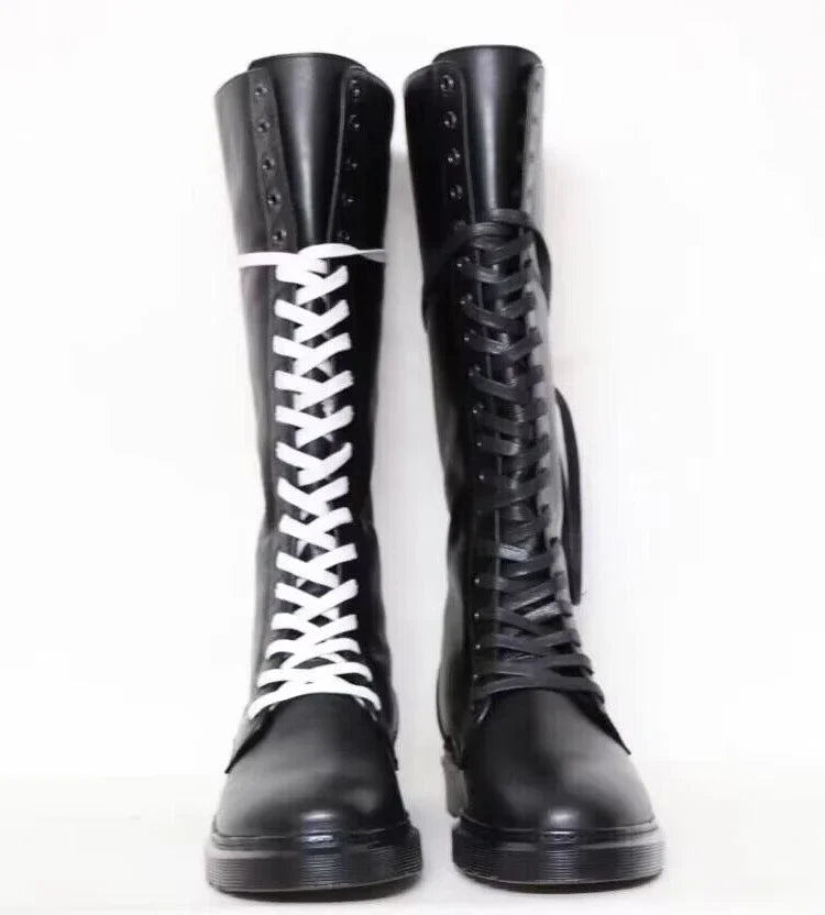 Lace Up Cowhide Knight Boots for Men Black Genuine Leather High Boots Back Zipper Over The Knee Motorcycle Boots Winter Shoes