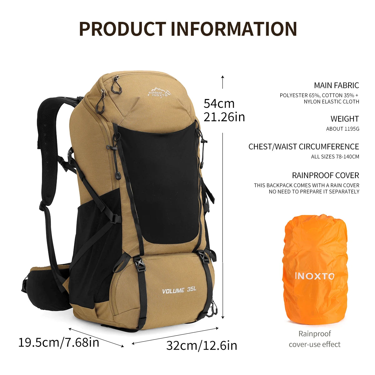 Internal frame waterproof hiking camping backpack with rain cover, large lightweight travel day backpack for climbing