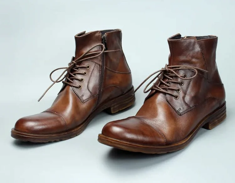 Vintage Mens Cowhide Genuine Leather Riding Ankle Boots Lace Up High Top Work Shoes Vintage Round Toe Autumn Moto Biker Boots