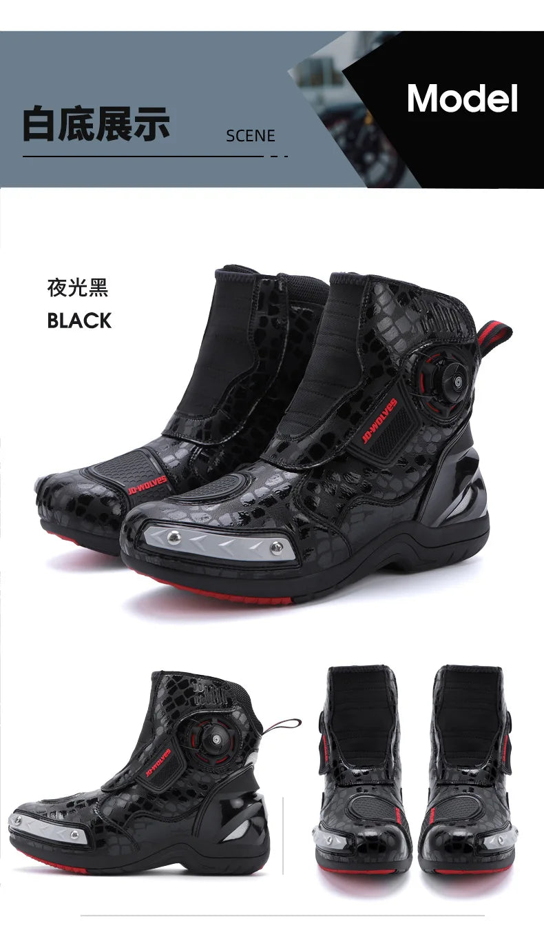 Motorcycle Boots Man Waterproof Studded Boots Hook and Loop Fasteners Wear-Resistant Motorcycle Shoes Anti-Slip Anti-Fall