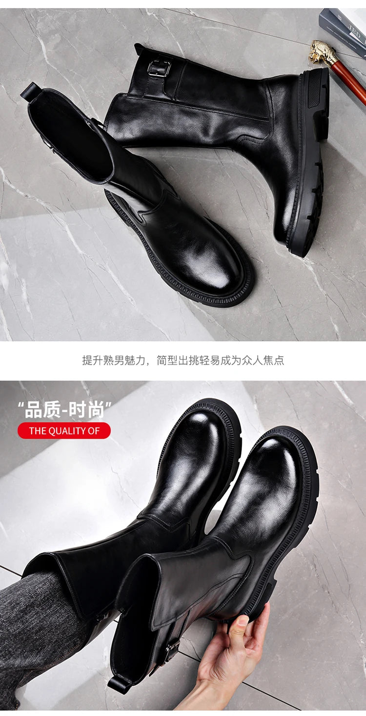 Tall Boots for Men Made of Leather with Increased Height and Soft Sole Western Cowboy Plush Insulation Knight Ankle Riding