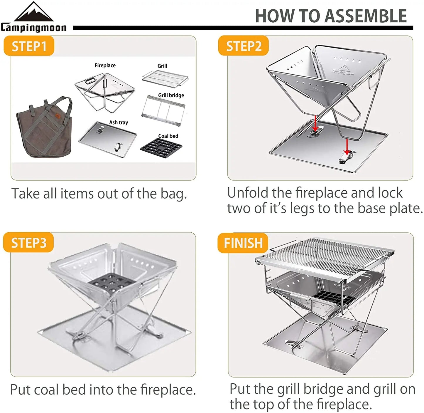 CAMPINGMOON Outdoor Woodland Backyard Garden Maximum Size  Folding Stove Stainless Steel Charcoal Bbq Grill Fire Pit Roast