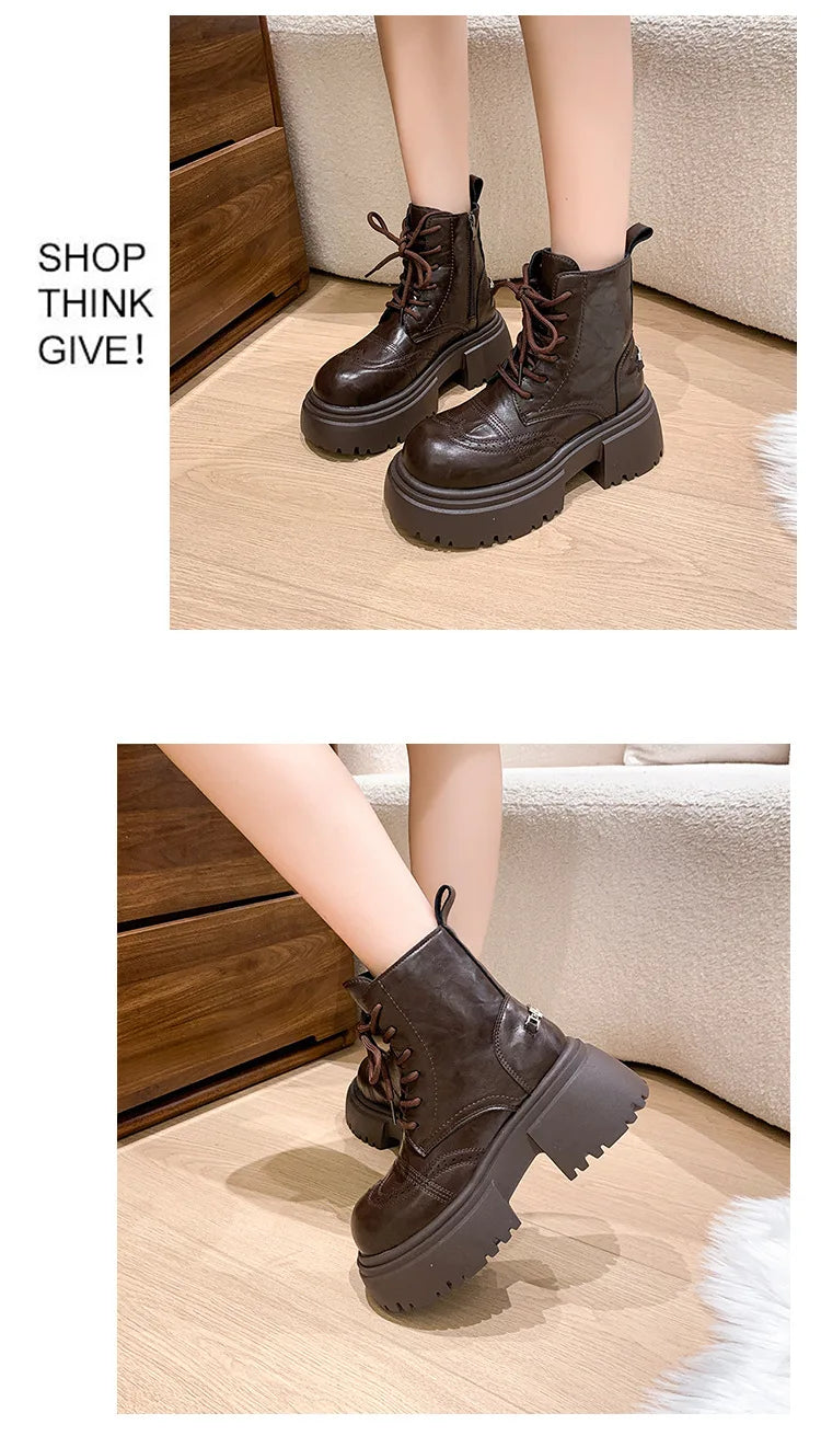 Boots Woman 2025 Trend Female Shoes Winter New British platform Lace up zipper ankle boots Plush Flat Heel Motorcycle boots