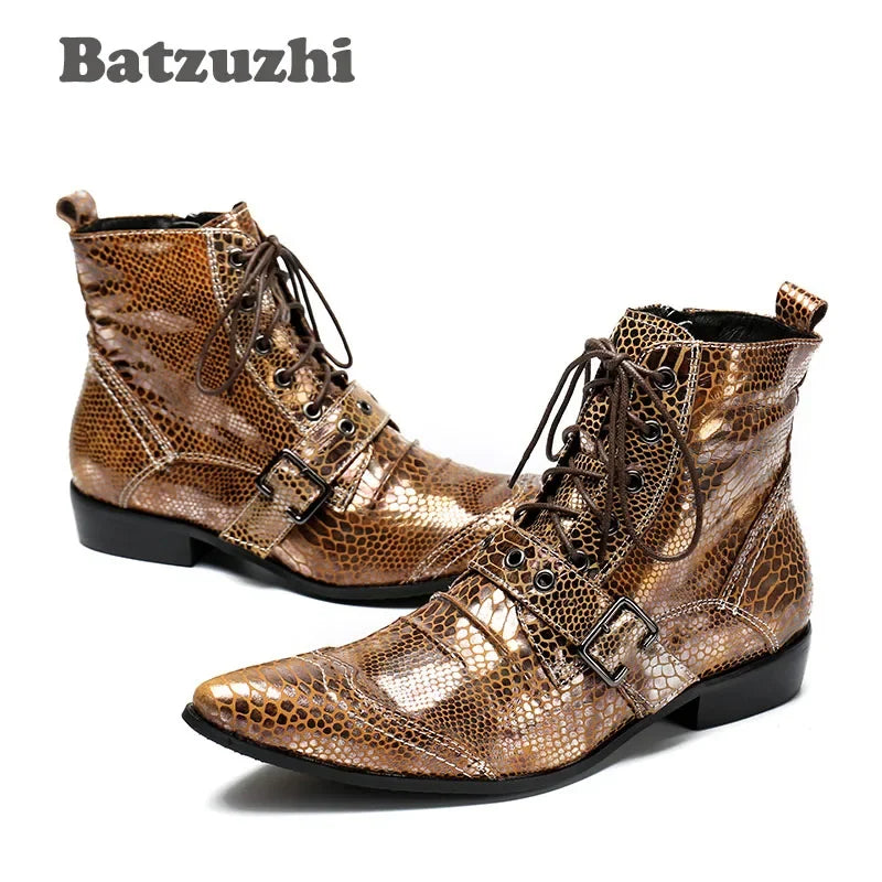 NEW Western Punk Men Boots Ankle Golden Leather Short Boots Rock Winter Autumn Motorcycle Boots Men botas hombre,US6-12