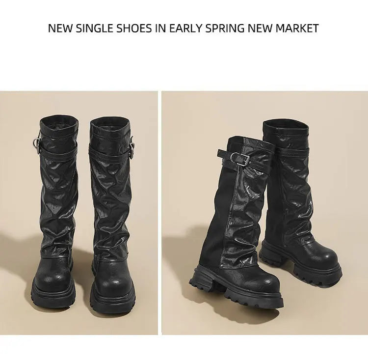 Fujin 8cm Knee High Boots Sexy for Women Platform Heel Motorcycle Booties Punk Genuine Leather Autumn Comfortable Chunky Shoes