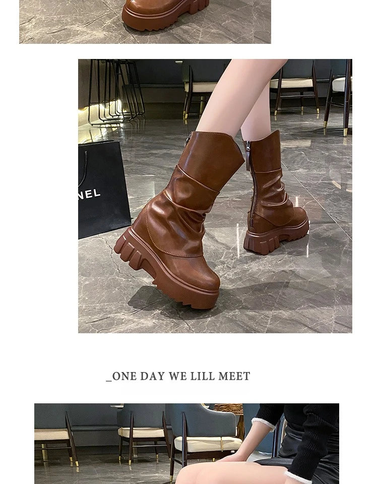 9CM Women Mid Calf Boots Autumn Winte Soft Leather Motorcycle Boots High Platform Square Heels Ladies Chunky Shoes Botas Mujer
